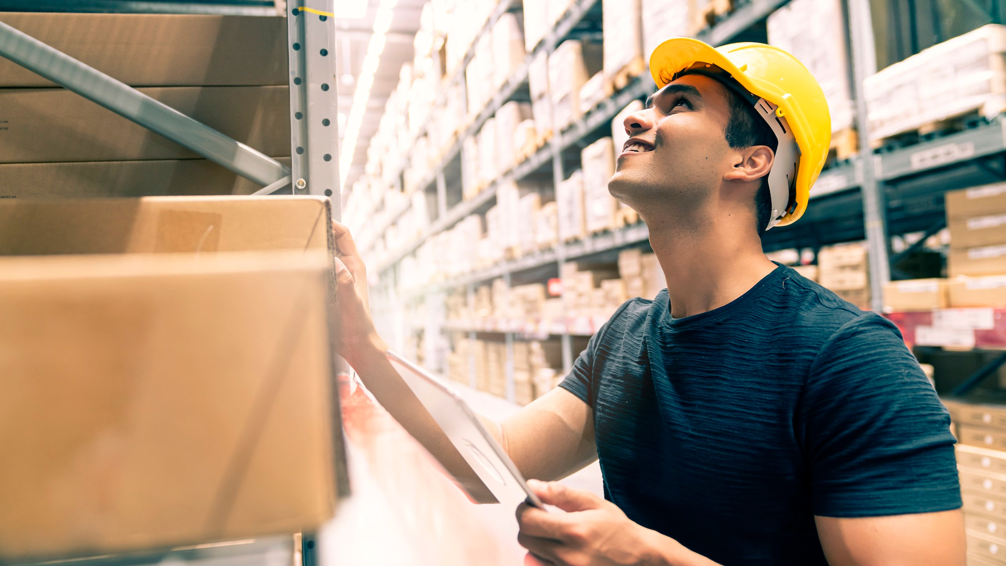 Warehouse operator checking stored cargo